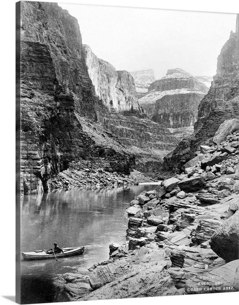Grand Canyon, C1913. A View Of the Grand Canyon In Arizona, Showing A Man In A Boat On A River In the Foreground, And Snow...
