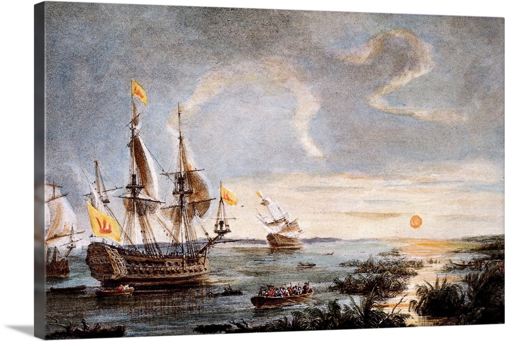 (c1496-1542). Spanish explorer in America. De Soto putting into Tampa Bay, Florida, in 1539. Color etching, 19th century.