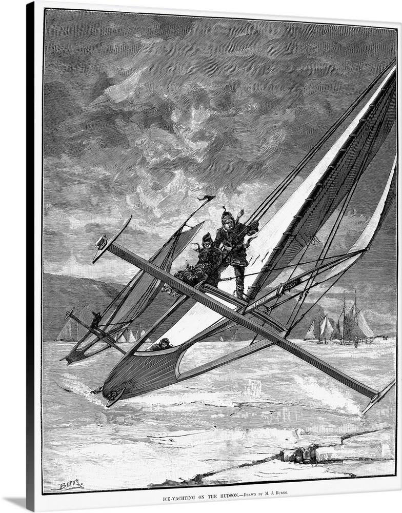 'Ice-yachting on the Hudson.' Wood engraving, American, 1883.