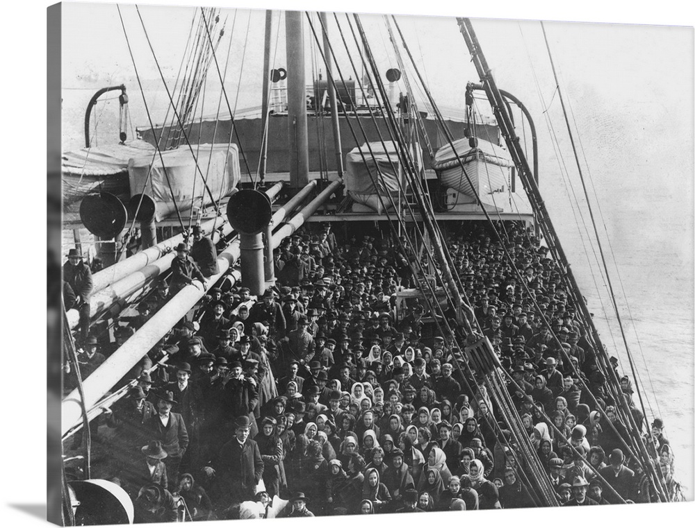 Immigrants on the 'S.S. Patricia' in New York harbor en route to Ellis Island, 1906.
