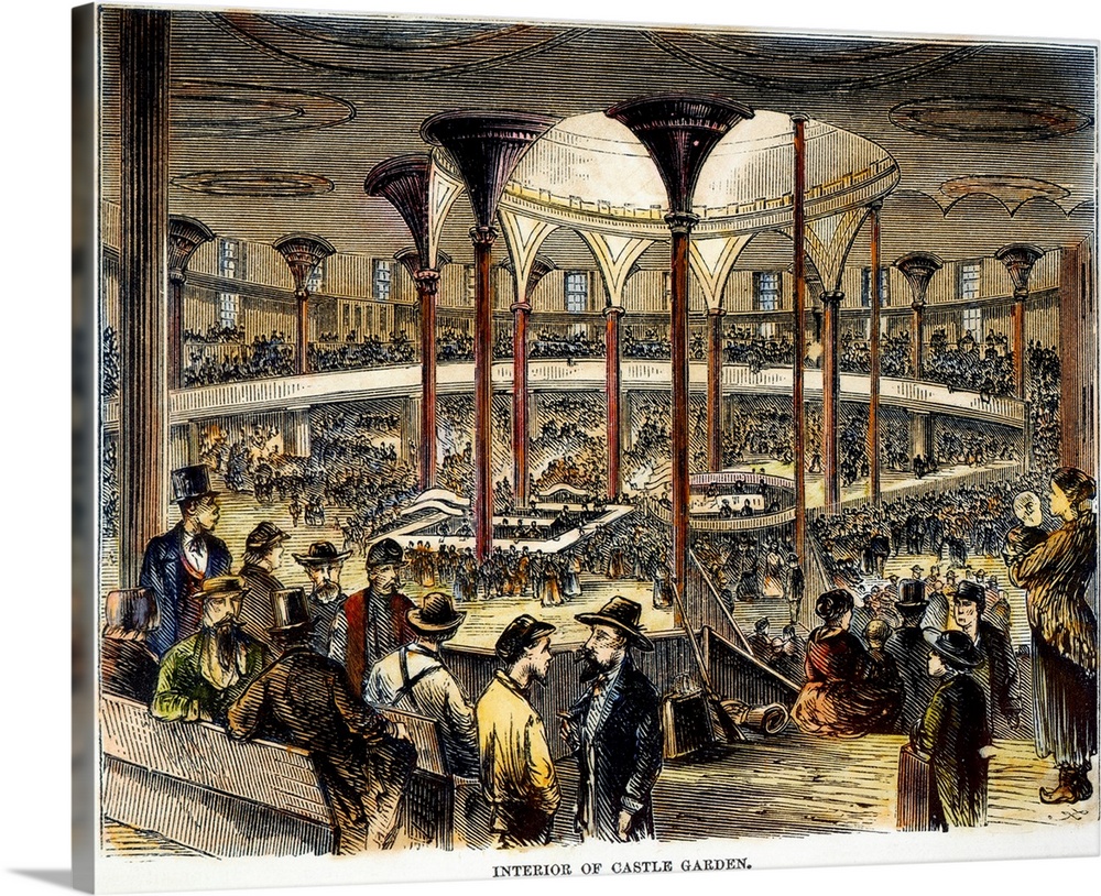 Interior of Castle Garden, New York, at the southern tip of Manhattan Island, the main arrival station for Europeans from ...