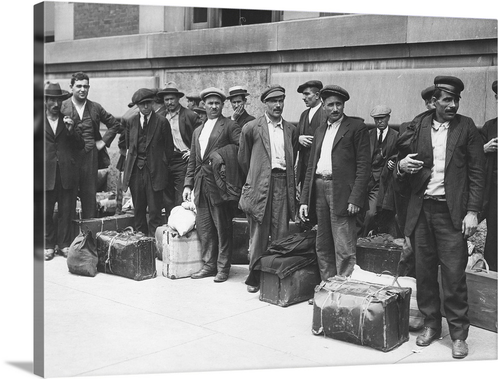 A group of Italian immigrant men preparing to leave Ellis Island, c1900.