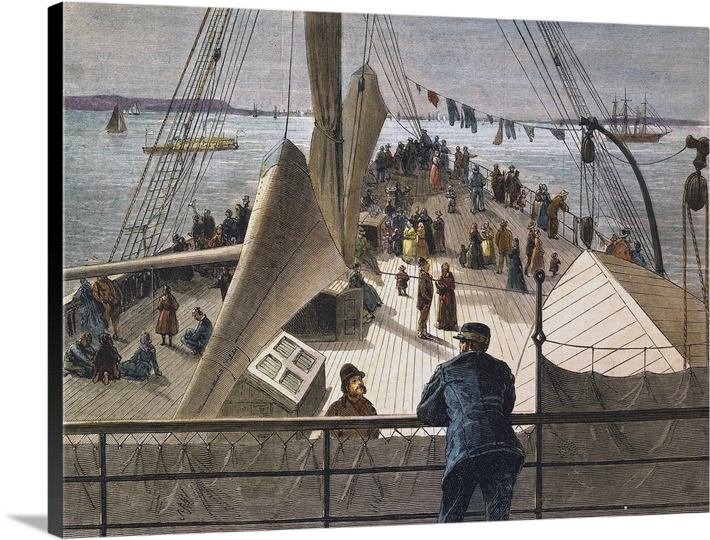 European immigrants arriving in New York Bay on a steamer ship. Color engraving, 1877.