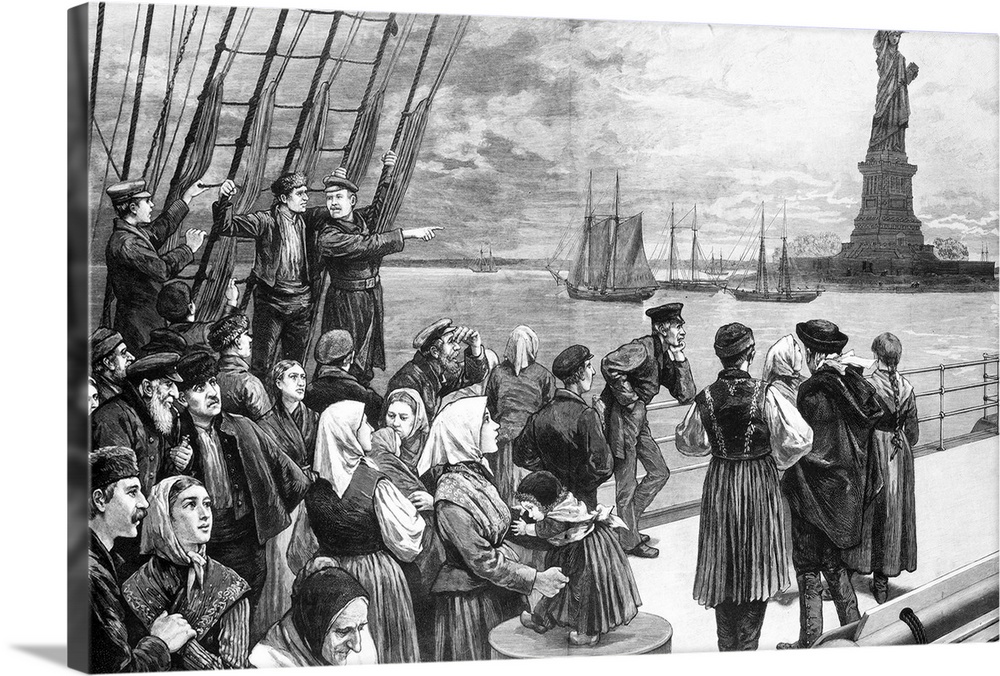 Immigrants on the steerage deck of an ocean steamer passing the Statue of Liberty in New York Harbor. Engraving, 1887.