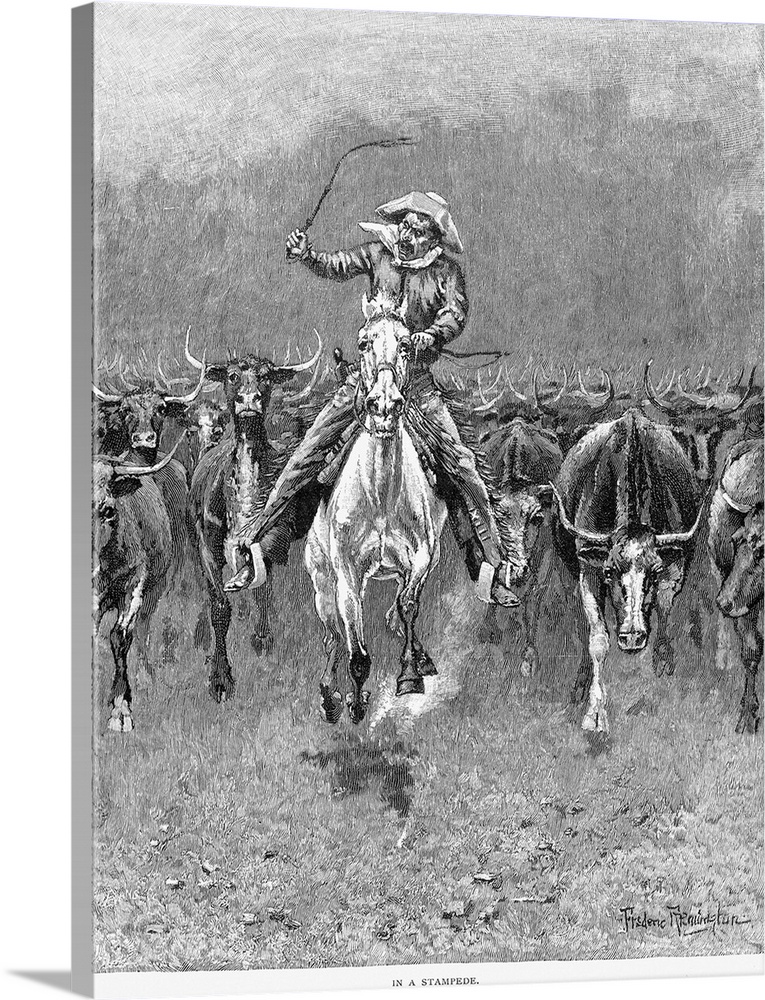 In A Stampede. Wood Engraving, 1888, After A Drawing By Frederic Remington (1861-1908).