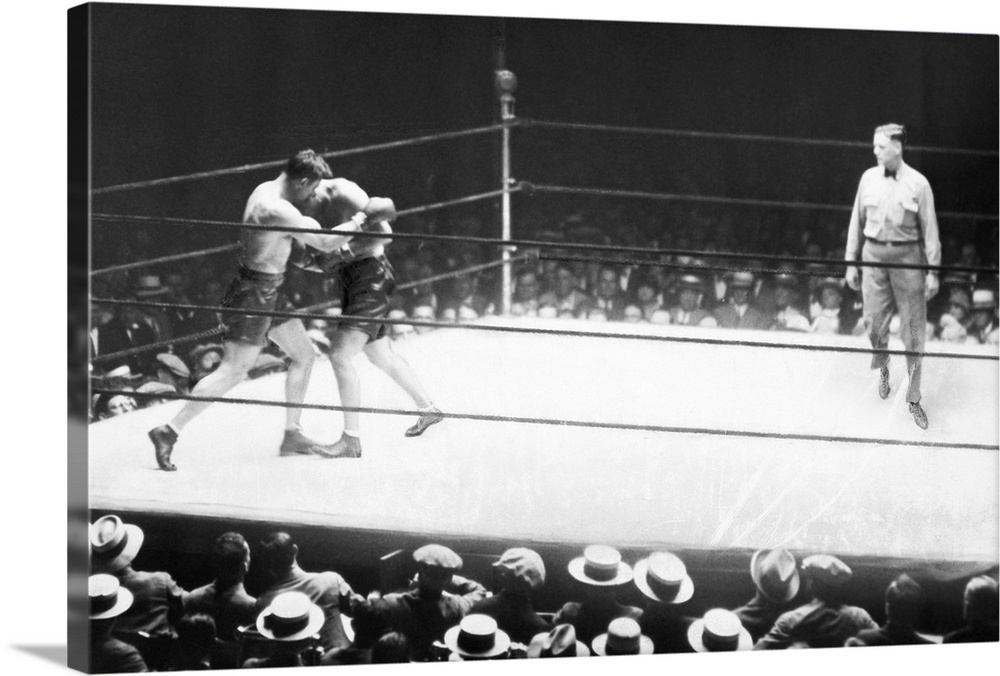 American boxer. Jack Dempsey and Jack Sharkey in the second round of their heavyweight boxing match at Yankee Stadium, 21 ...