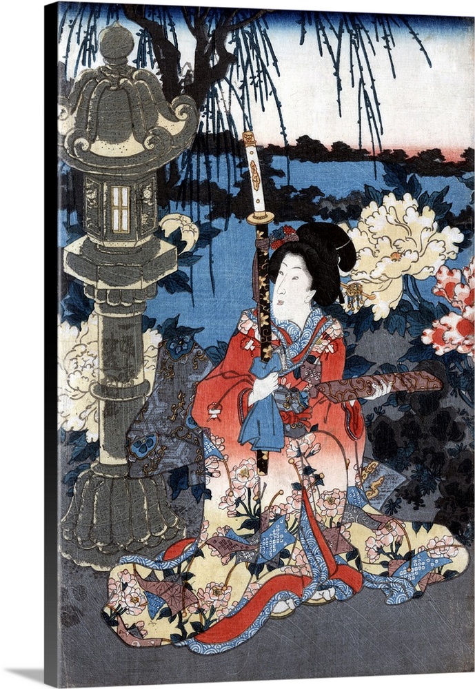 Japan, Woman In Garden. A Woman Seated Beside Giant Peonies In A Garden In Japan. Woodblock Print By Utagawa Kunisada II, ...