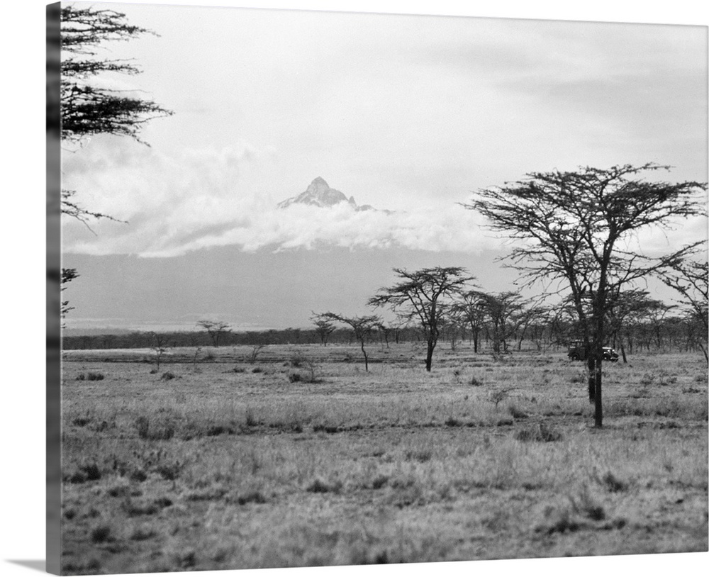 Landscape view in Kenya, with Mount Kenya seen in the distance. Photographed in 1936.