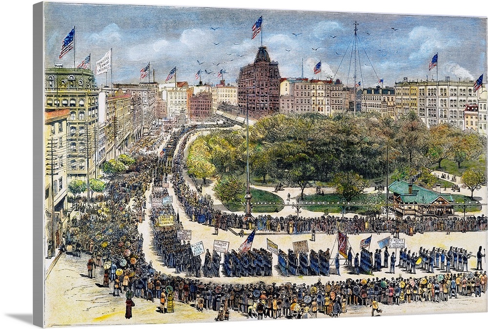 The first Labor Day parade, held at Union Square, New York City, by Knights of Labor on September 5, 1882. Engraving from ...