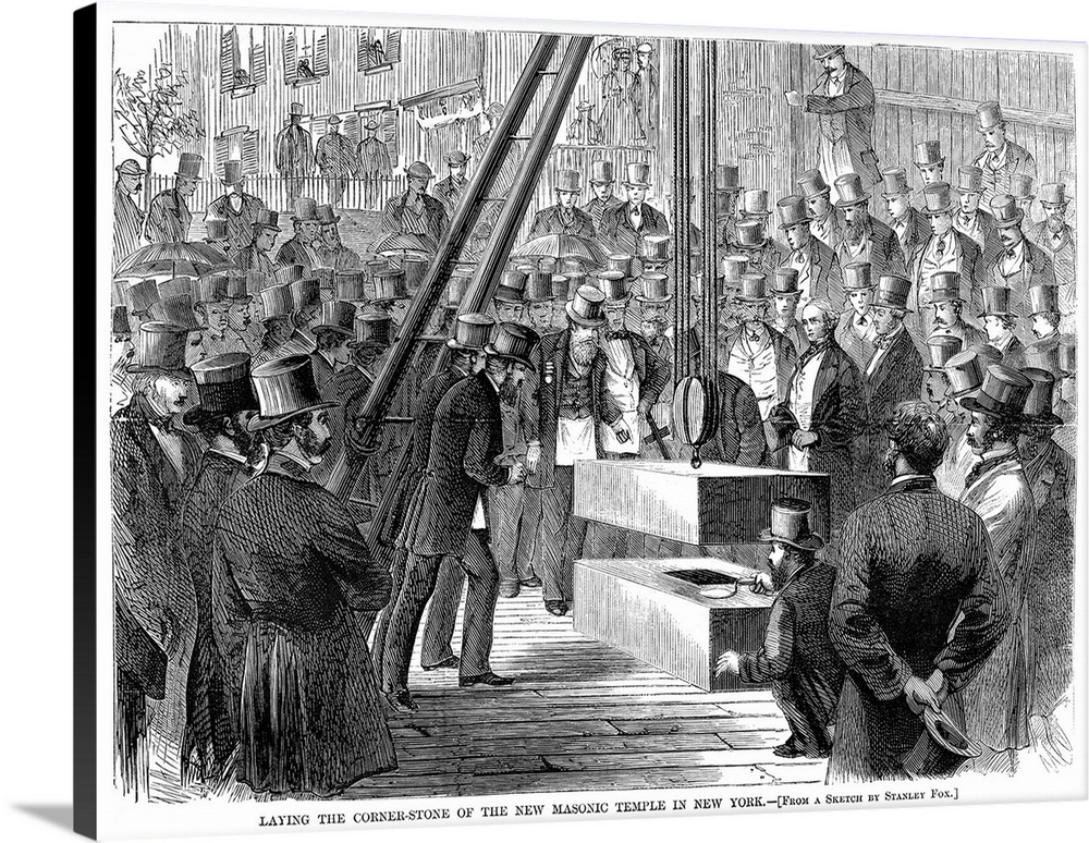 'Laying the Cornerstone of the New Masonic Temple in New York.' Wood engraving, American, 1870.