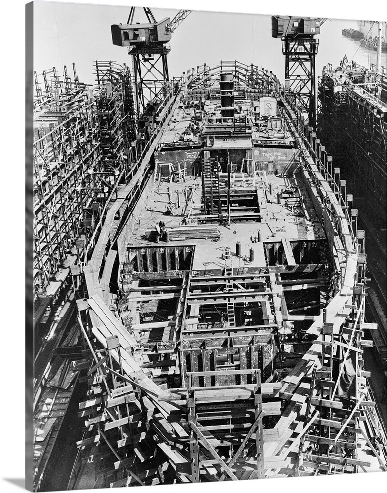 A Liberty Ship under construction at the Bethlehem-Fairfield shipyard in Baltimore, Maryland. Photograph, April 1943.