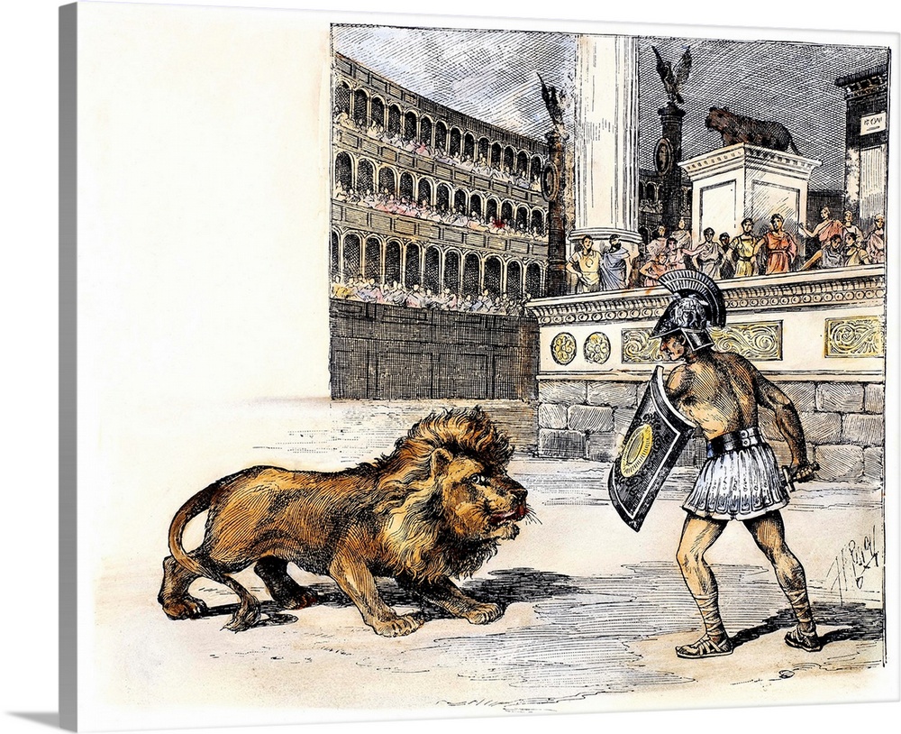 Lion and Gladiator. Contest Between A Lion And A Condemned Criminal In the Arena In Ancient Rome. Line Engraving, American...