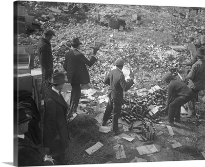Liquor Raid, 1923, men destroying bootleg liquor and beer during Prohibition