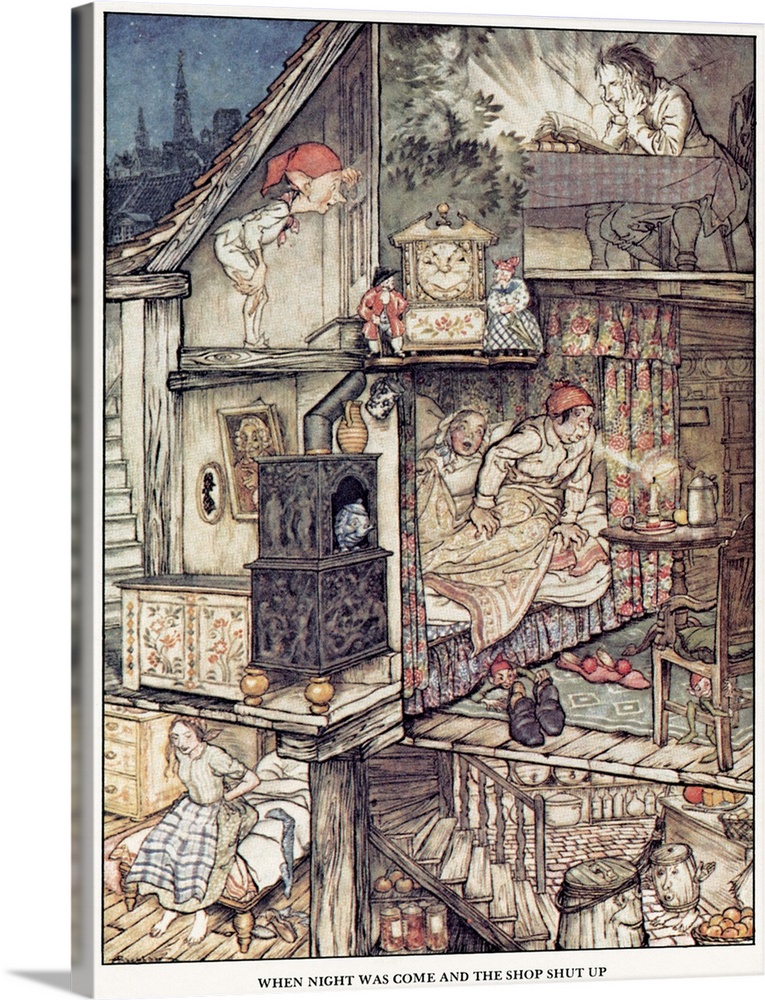 'When night was come and the shop shut up.' Drawing by Arthur Rackham for the fairy tale by Hans Christian Andersen.