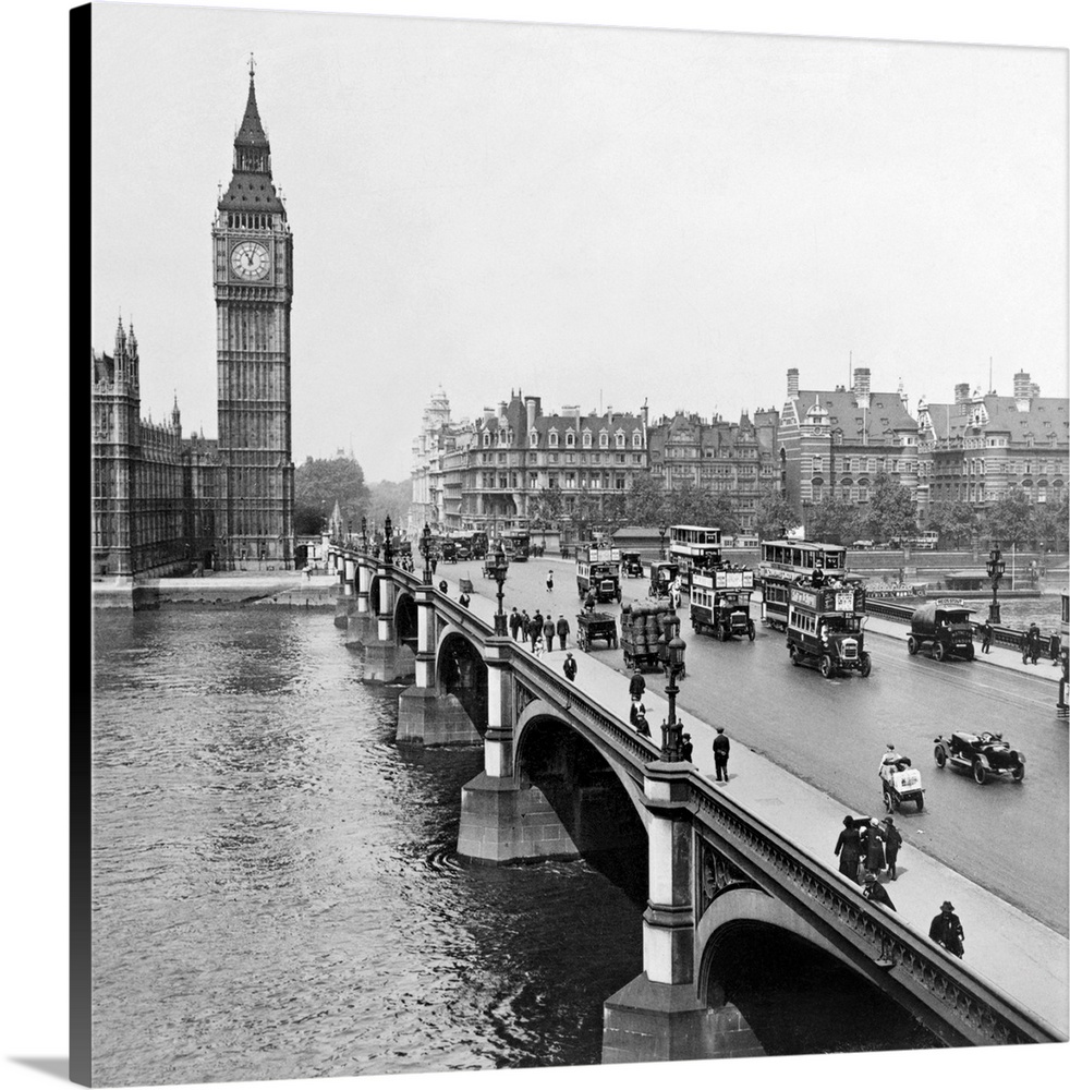 Westminster Bridge with Big Ben and the Houses of Parliament in the background. Stereograph, c1926.