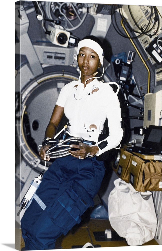 MAE JEMISON (1956- ). American astronaut, physician, and the first black woman in space. Photographed aboard the Space Shu...