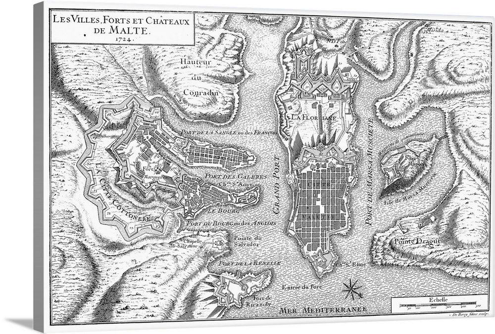 Malta, Valetta Map, 1724. Plan Of the City And Harbor Of Valletta And Environs, Showing the Fortifications Existing In 172...