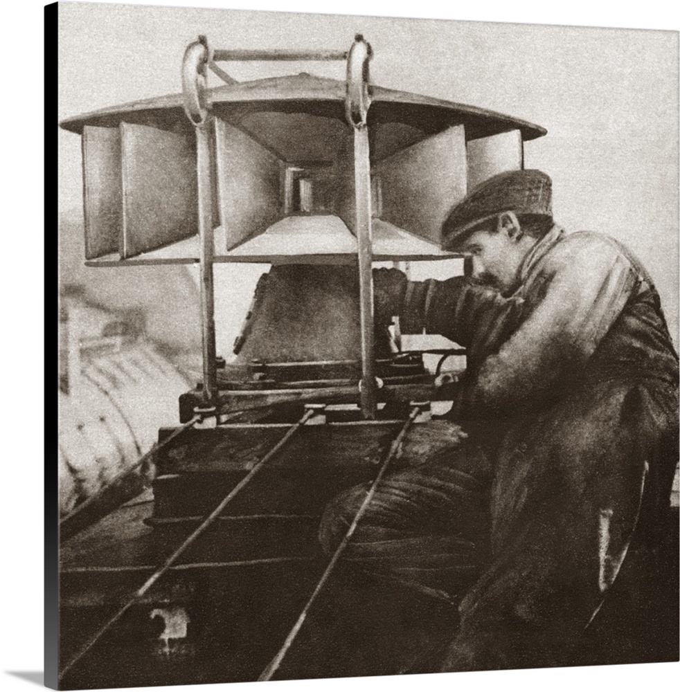 Man equipping a Parisian rooftop with an air raid siren World War I. Rotogravure, c1916.