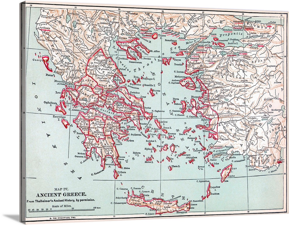 Map, Ancient Greece. Map Of Ancient Greece. Line Engraving, Late 19th Century.