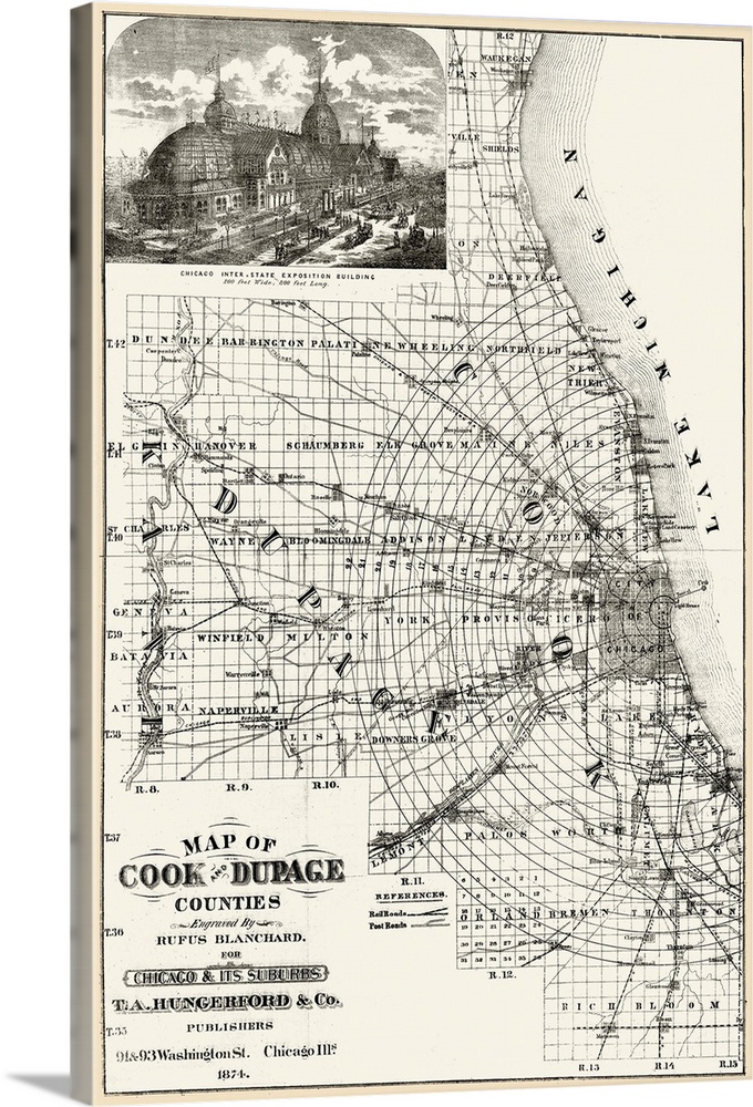Map, Chicago, 1874. Map Of Cook And Dupage Counties, Illinois, Including the City Of Chicago, With An Inset At Upper Left ...