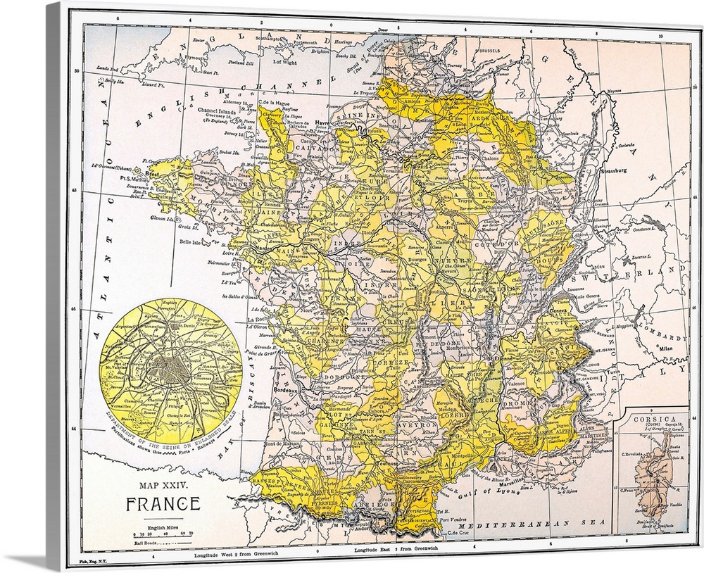 Map, France. Engraving, 19th Century.