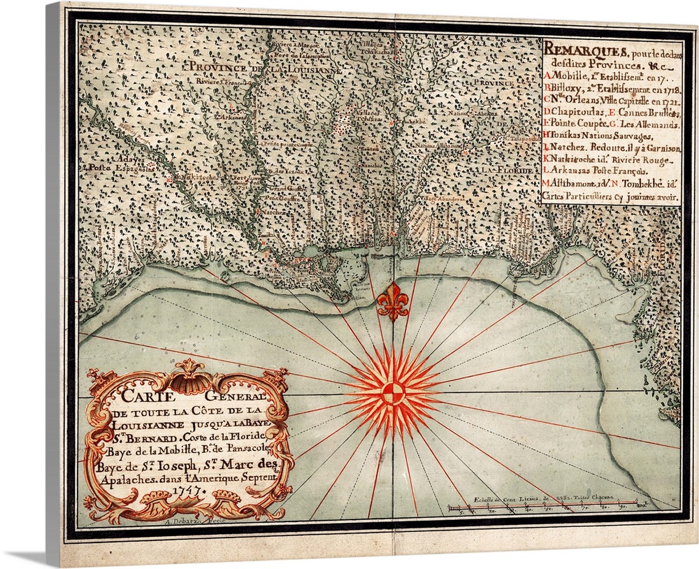 Map, Gulf Coast, 1747. 'Carte General De Toute La Cote De La Louisianne...' By Alexandre De Batz, 1747.