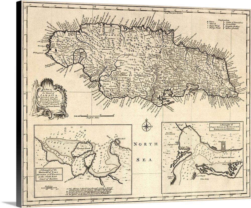 Map, Jamaica, 1752. British Map Of the Island Of Jamaica, Divided Into Its Principal Parishes, Published 1752.