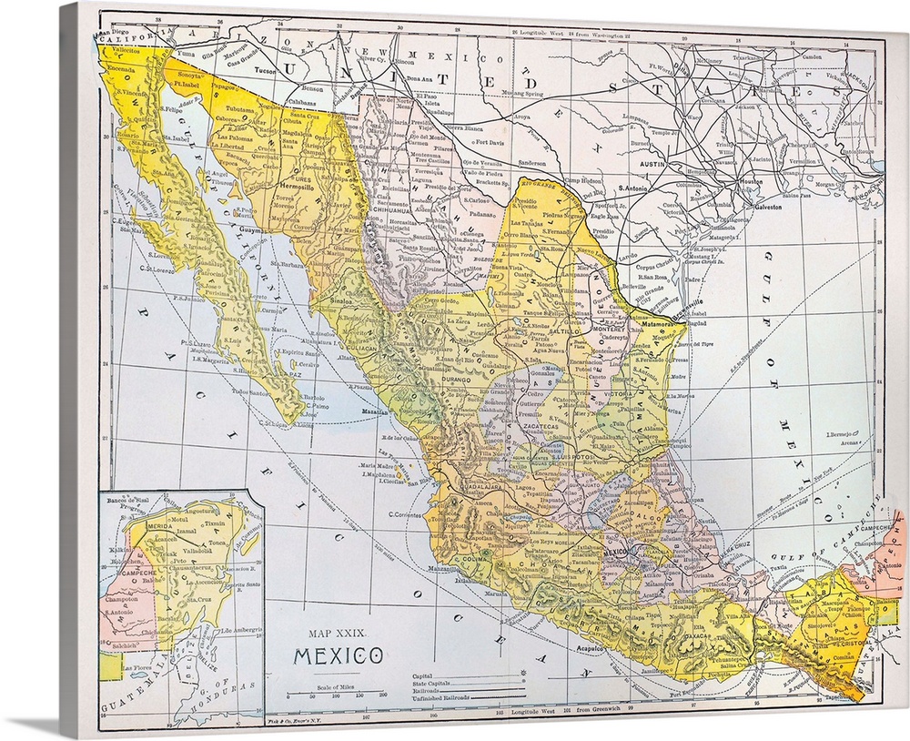 Map, Mexico. Color Engraving, American, C1900.