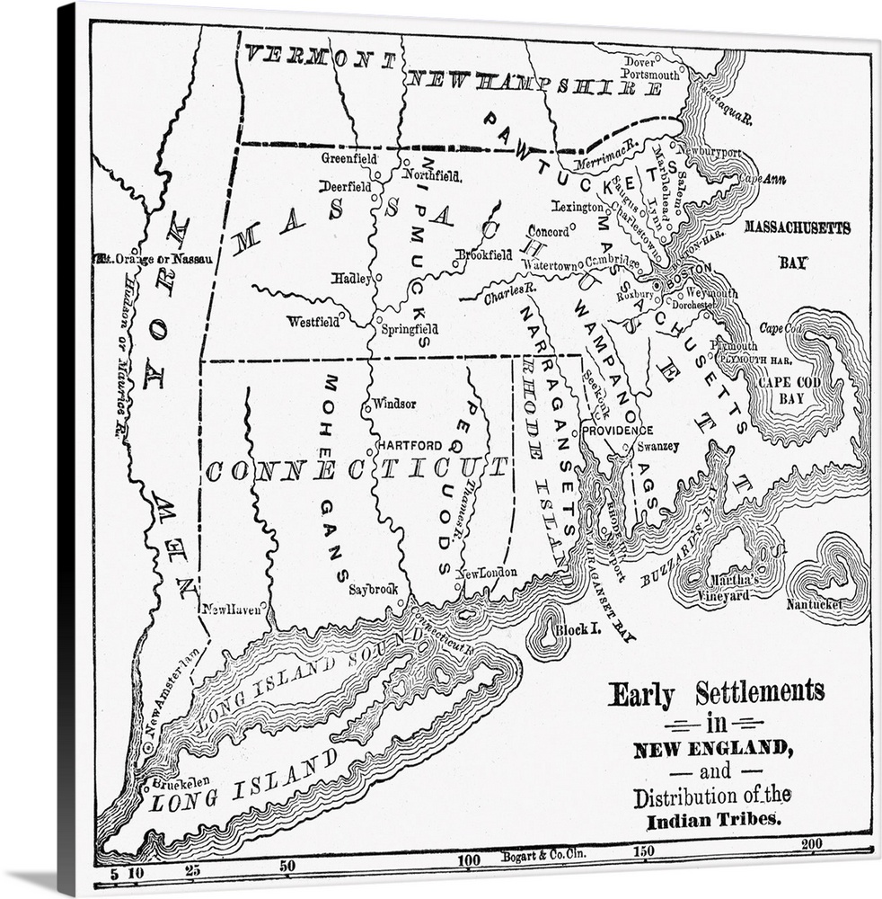 Map, New England Colonies. Early Settlements In New England And Distribution Of Native American Tribes.