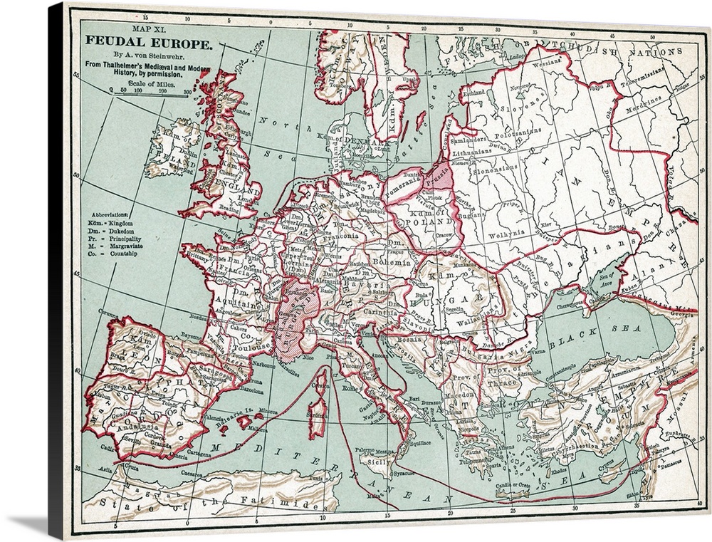 Map Of Europe, 12th Century. A 19th Century Map Of Europe As It Was Politically Constituted In the 12th Century.