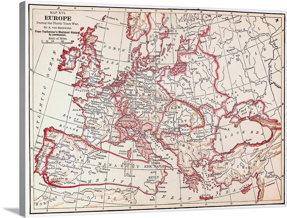 Map, Thirty Years' War. Map Of Europe During the Thirty Years' War, 17th Century.