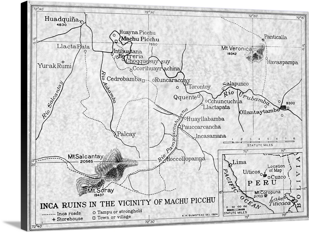 Peru, Inca Ruins Map, 1924. American Map Of Inca Ruins In the Vicinity Of Machu Picchu, Peru, 1924.