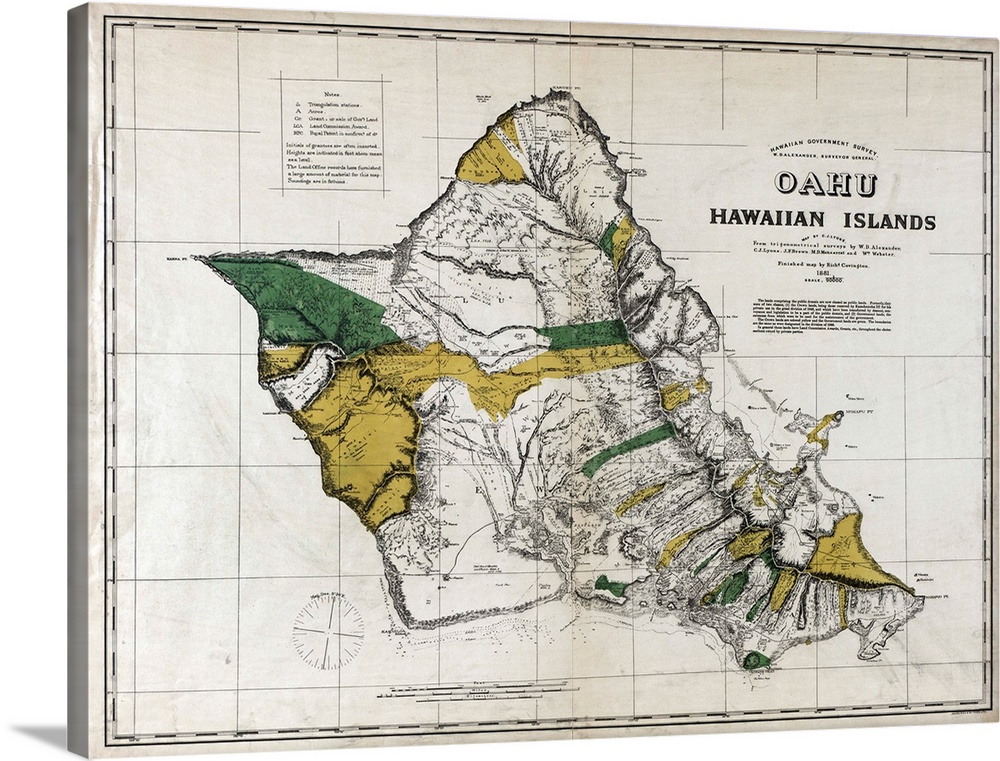 Map, Oahu, 1881. Map Of Oahu, Hawaiian Islands. Map By C.J. Lyons, 1881.