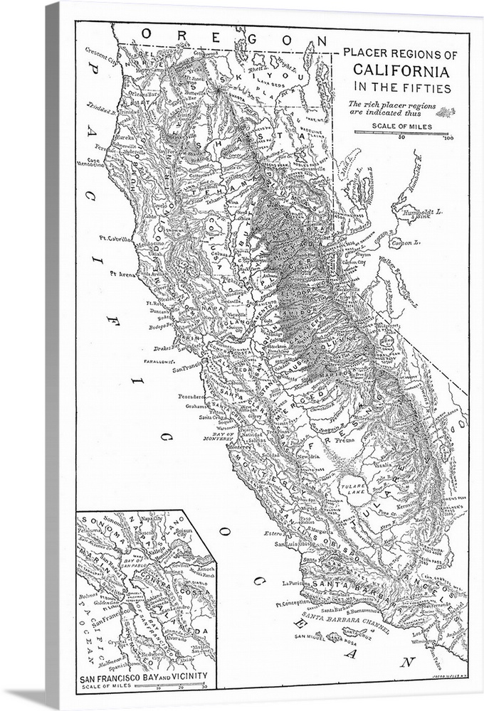 Gold Rush, Map. Map Of the Placer Mining Regions Of California In the 1850s. Engraving, American, Late 19th Century.
