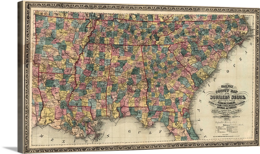 Map, Railroad, 1864. 'Railway And County Map Of the Southern States; Embracing the States Of N. Carolina, S. Carolina, Geo...