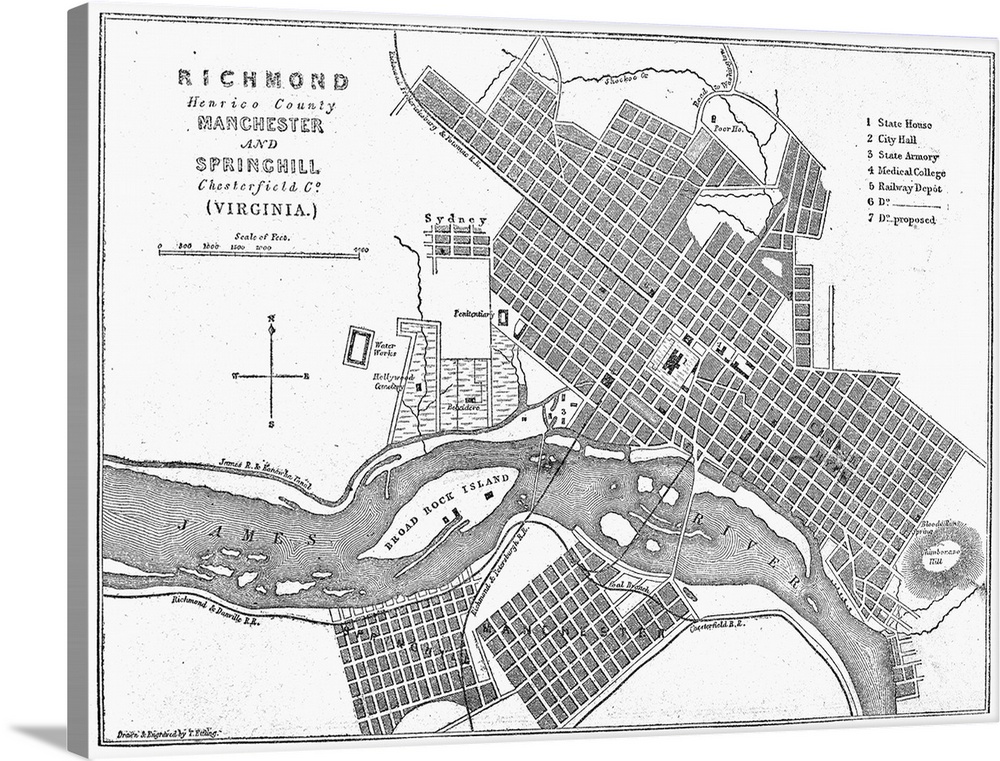 Map, Richmond, 1861. Map Of Richmond, Virginia, While It Was Capitol Of the Confederacy. Wood Engraving From An English Ne...
