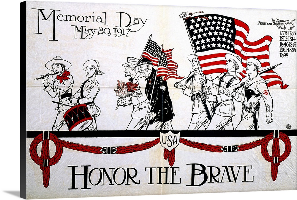 'Honor the Brave.' American recruitment poster showing a parade of veterans and soldiers for Memorial Day, 30 May 1917. Li...
