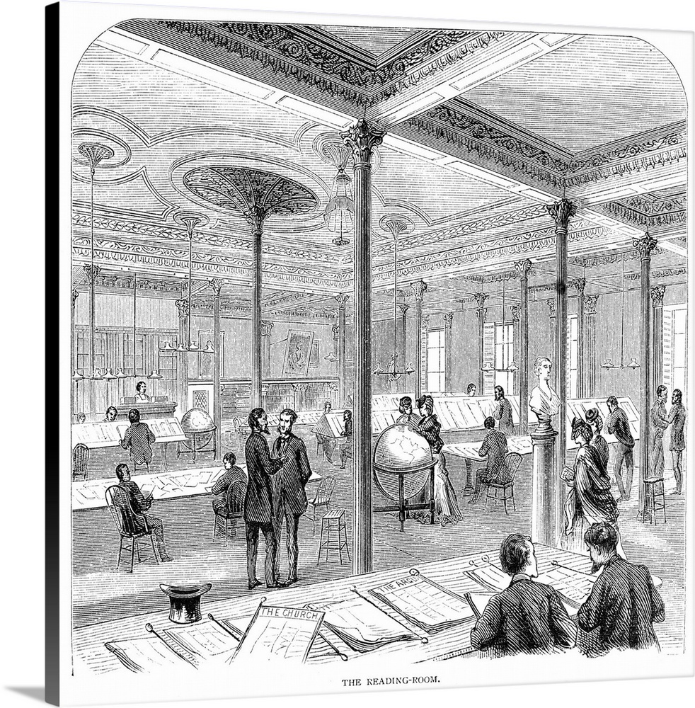 The reading room of the New York Mercantile Library on Astor Place. Wood engraving, American, 1871.