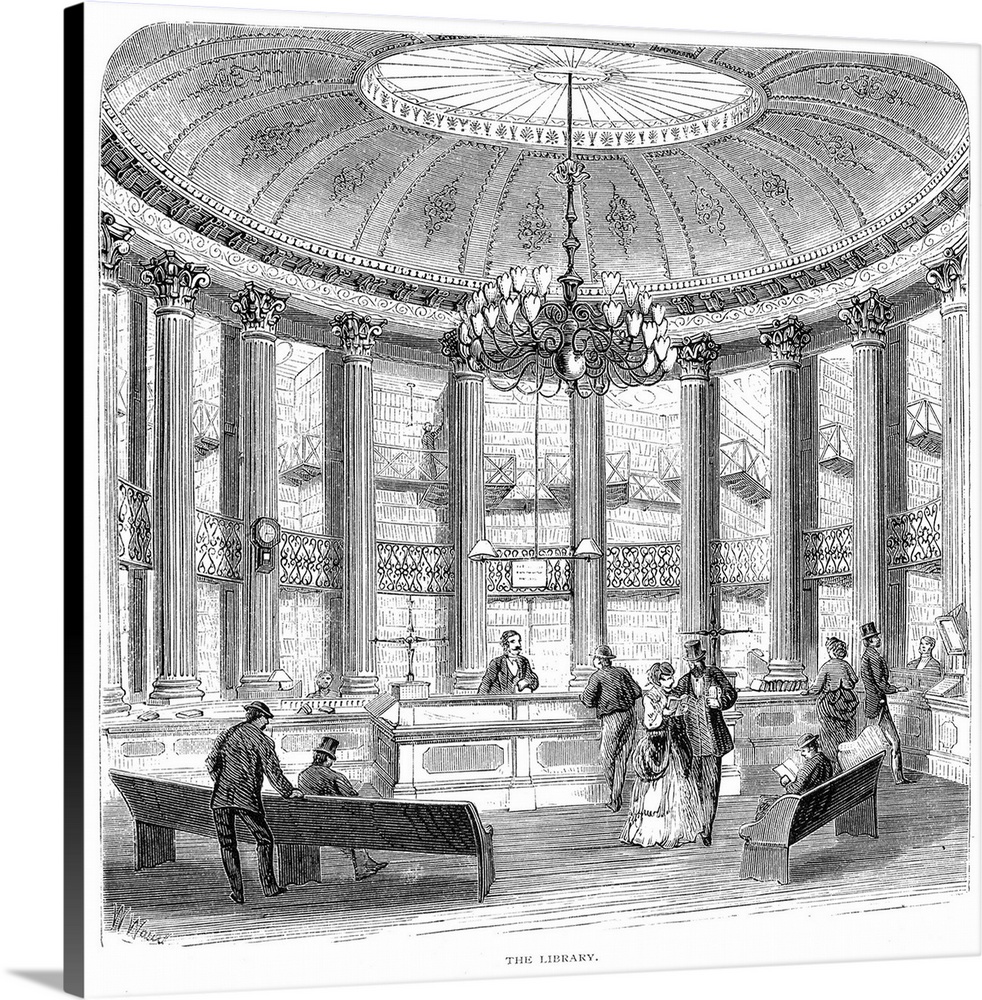 The interior of the New York Mercantile Library at Astor Place. Wood engraving, American, 1871.