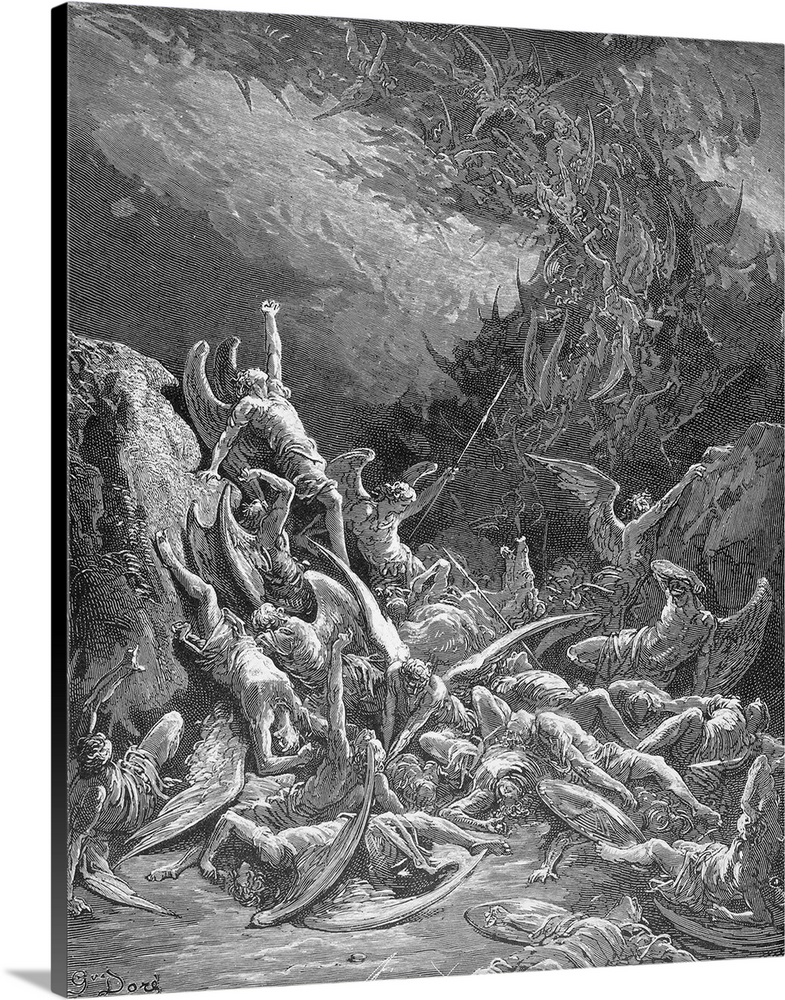 The rebel angels are defeated and are forced to cast themselves out of Heaven headlong into a ghastly abyss (Book 6, line ...