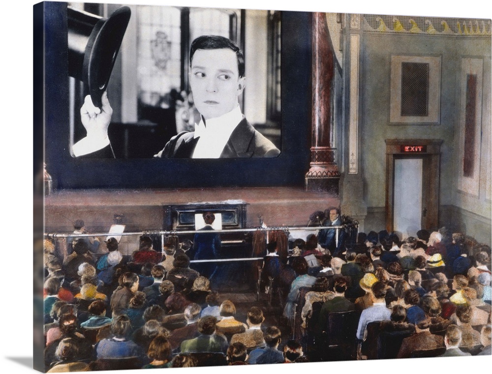 Interior of an unidentified New York City motion picture theatre showing a film with Buster Keaton. Oil over a photograph,...