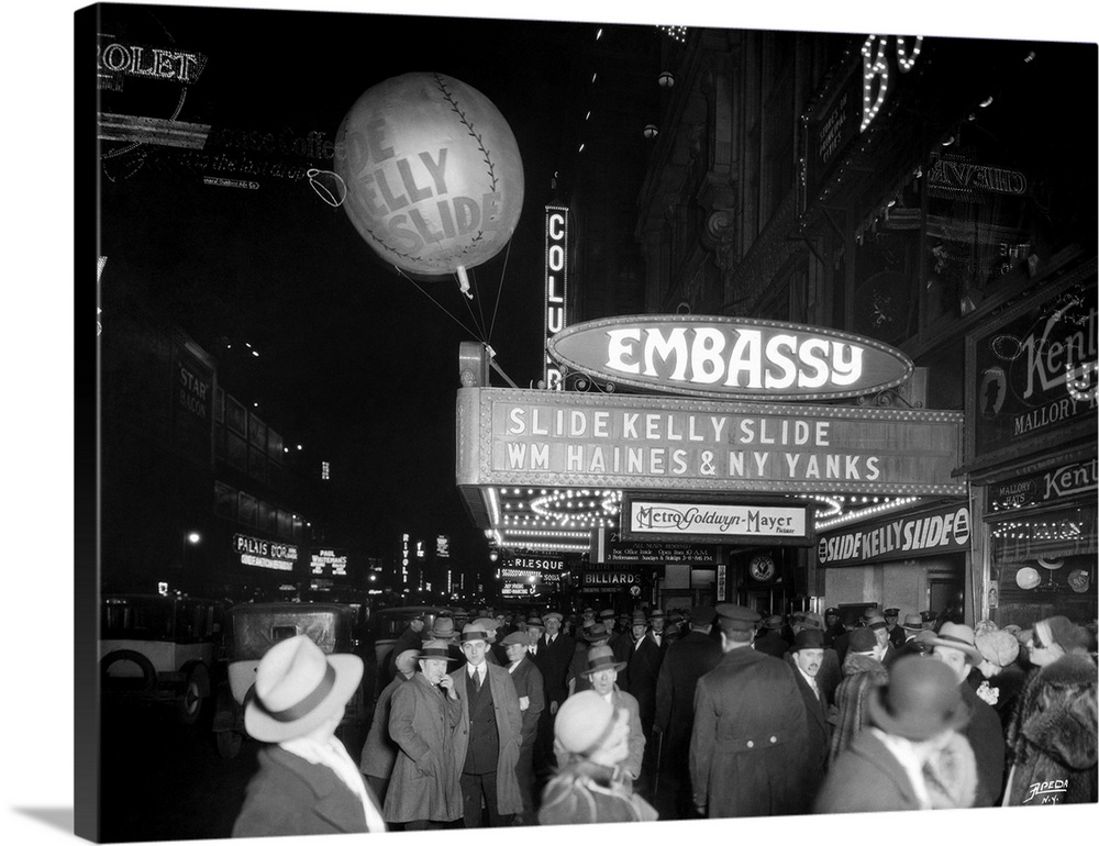 The front of the Embassy Theatre, New York, as it appeared on the night of the premiere of 'Slide, Kelly, Slide,' 1927.