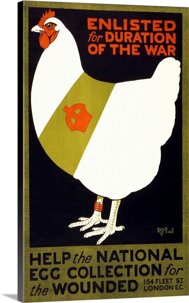 'Enlisted for duration of the war. Help the national egg collection for the wounded.' English lithograph, 1915.