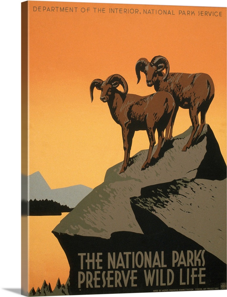 Poster by the National Park Service promoting tourism to national parks, c1937.