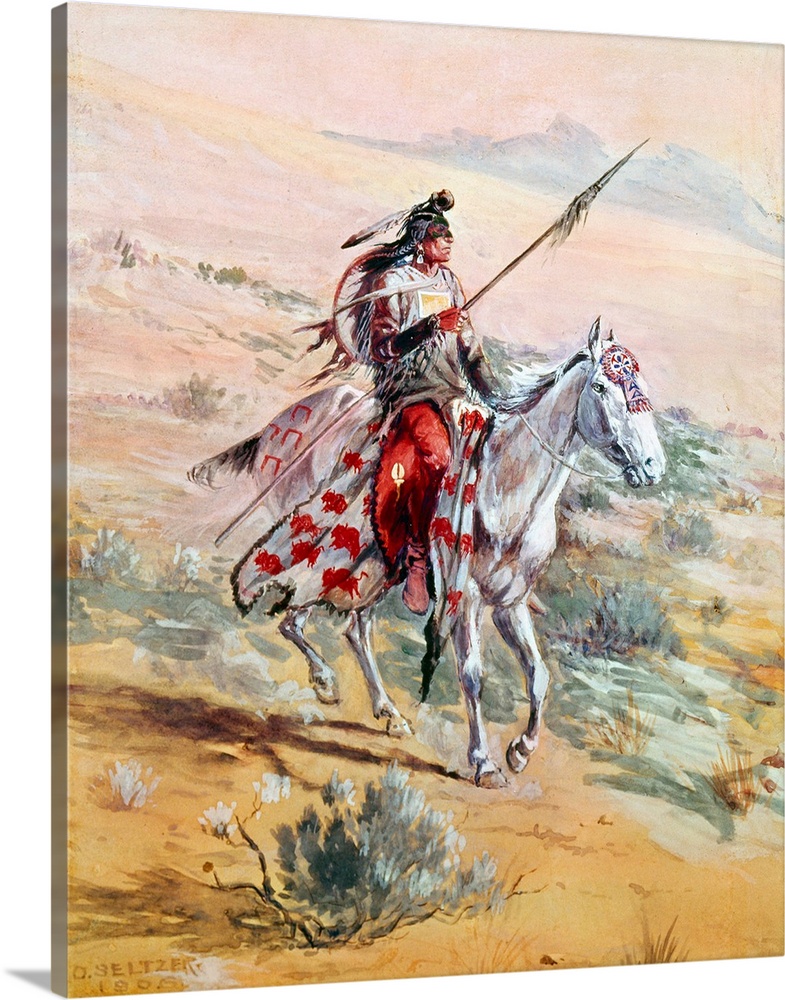 Native American Warrior. A Native American Warrior On Horseback In A Western Landscape. Watercolor, 1906, By Olaf Carl Sel...