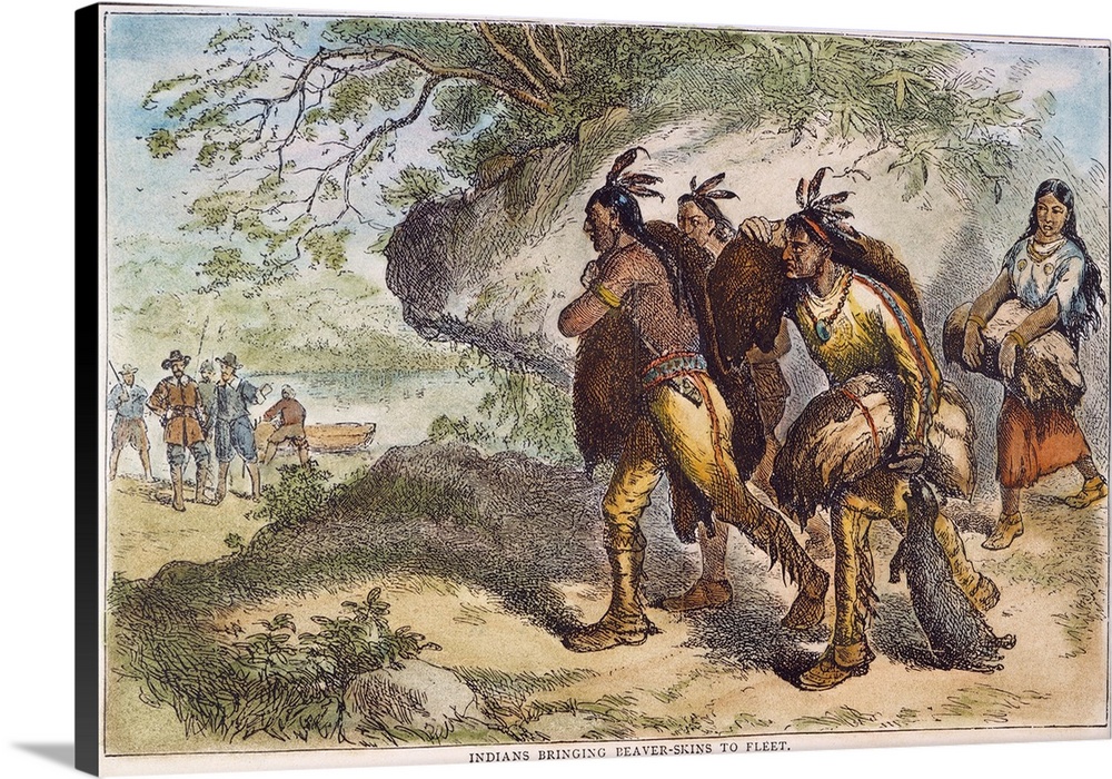 Dutch Fur Traders, 17th C. Native Americans Bringing Furs To Dutch Traders. Wood Engraving, 19th Century.