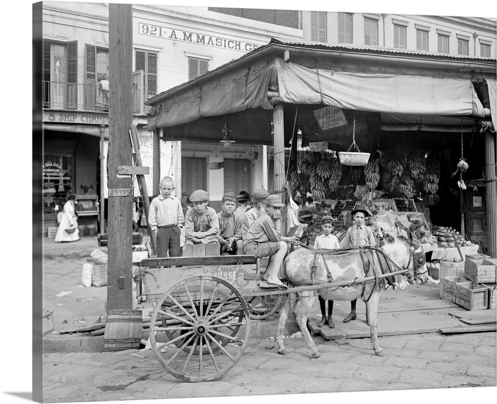 New Orleans, Market, C1905. Boys Riding In A Mule-Drawn Cart On A Corner Of the French Market In New Orleans, Louisiana. P...