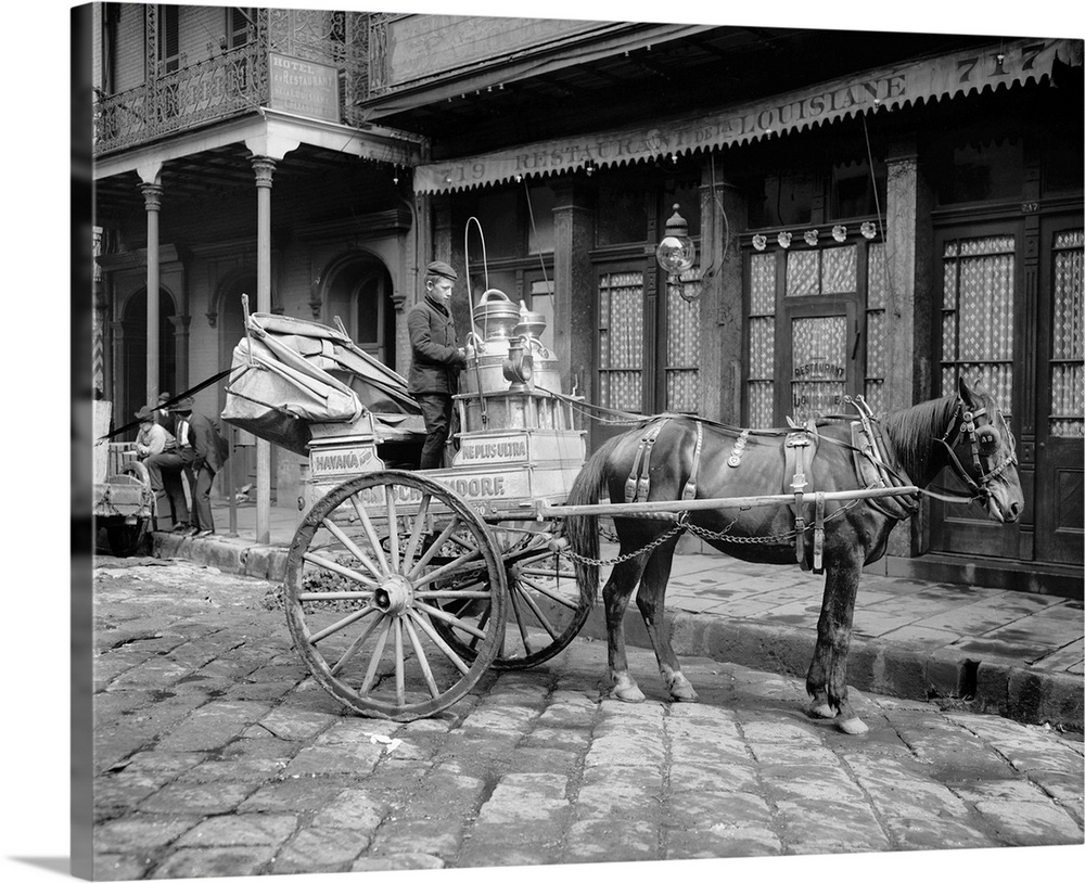 New Orleans, Milk Cart. A Horse-Drawn Milk Cart Outside A Restaurant On A Street In New Orleans, Lousiana. Photographed C1...