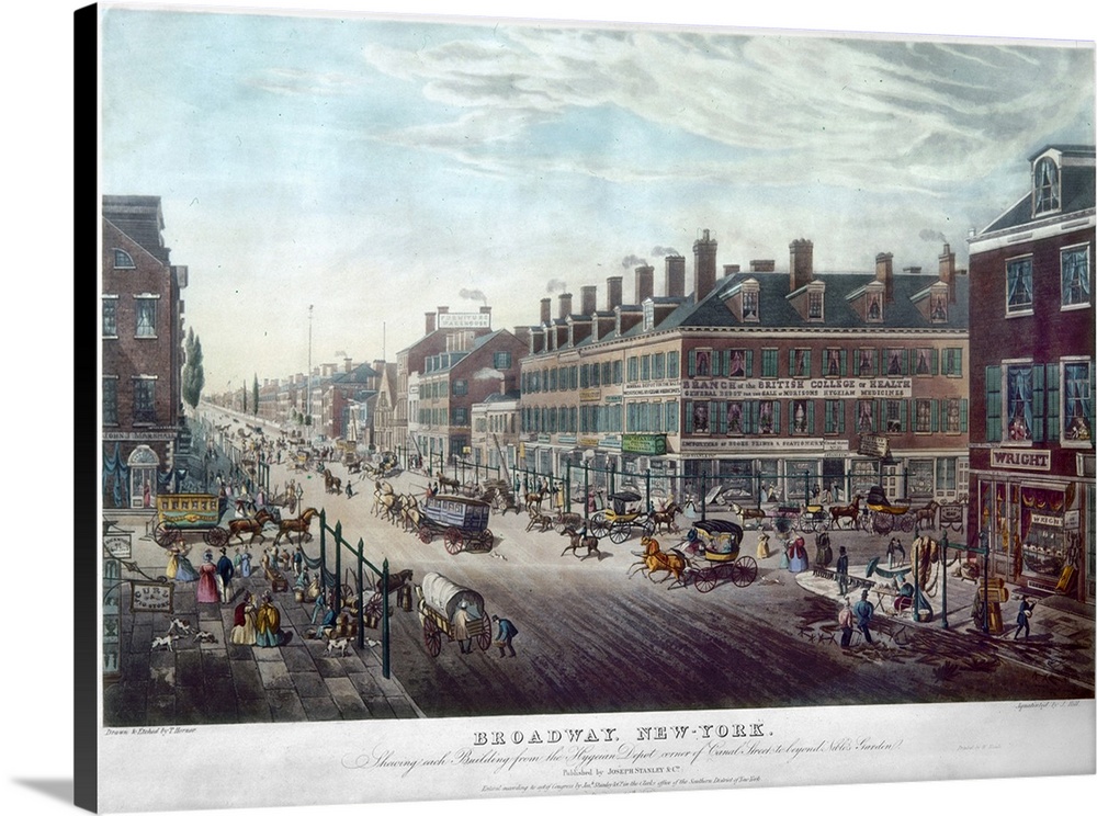 'Broadway, New York - Corner of Canal Street to Beyond Niblo's Garden.' Lithograph by Thomas Horner, 1836.