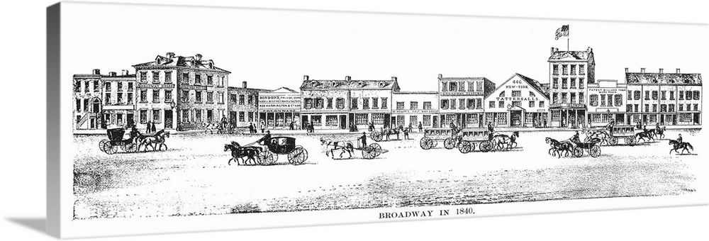 A view of Broadway in lower Manhattan. Lithograph, 1840.
